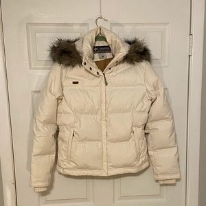 Cream colored Columbia puffer jacket